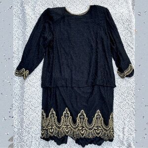 Vintage Laurence Kazar Black & Gold Beaded Silk Midi Dress Size 2X 3/4 Sleeve